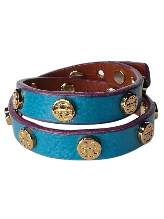 Tory Burch Jewelry - Tory Burch Turquoise Leather Double-Wrap Bracelet with Gold Logo Studs